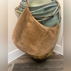 Mexx Beige suede and alligator print embossed hobo style shoulder bag